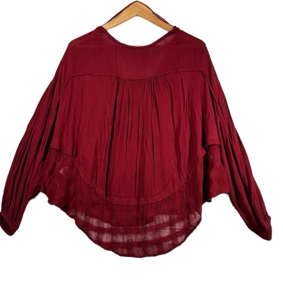 Free People Cranberry Crochet Lace Raw Edge Swing Blouse Top - Picture 6 of 11